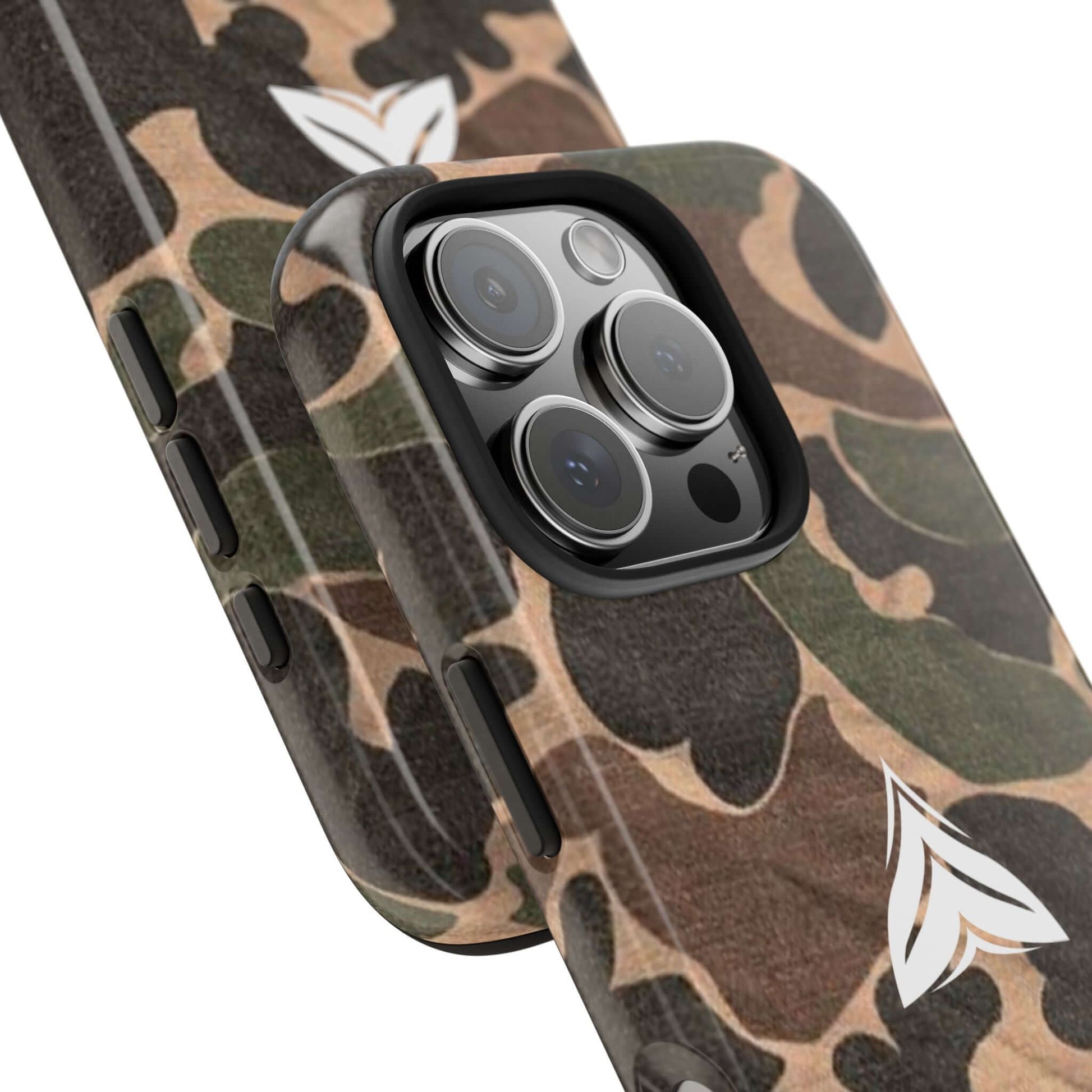 WW2-inspired rugged camouflage phone case, designed for tactical use and everyday protection, made in the USA