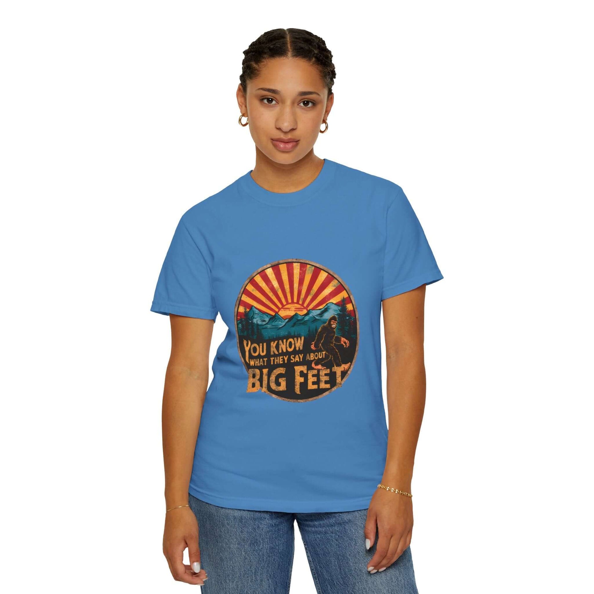 Outdoor-ready women’s t-shirt with Sasquatch graphic, USA-crafted quality.