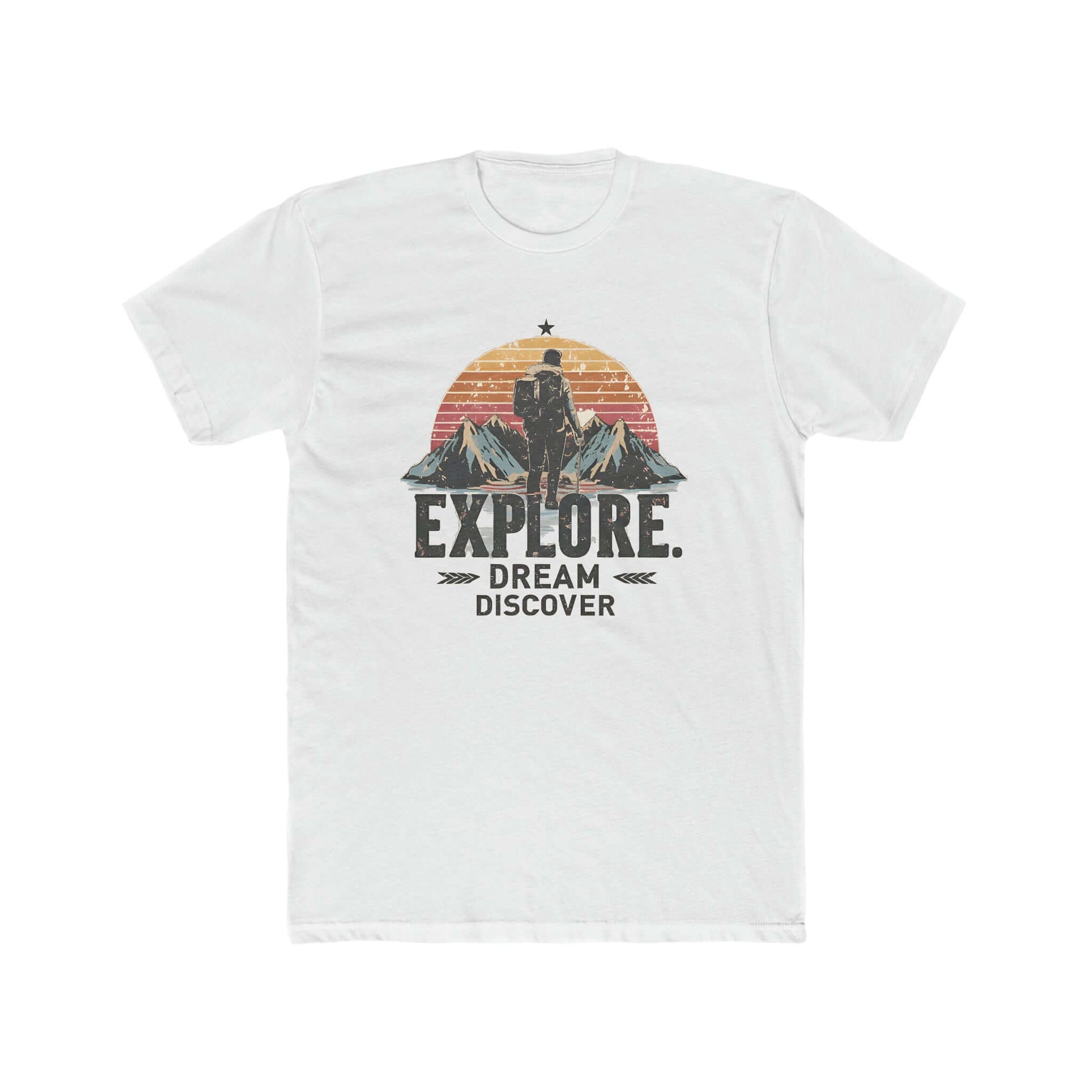 Comfortable USA-made men's tee in white with a bold hiking and mountain-themed design.