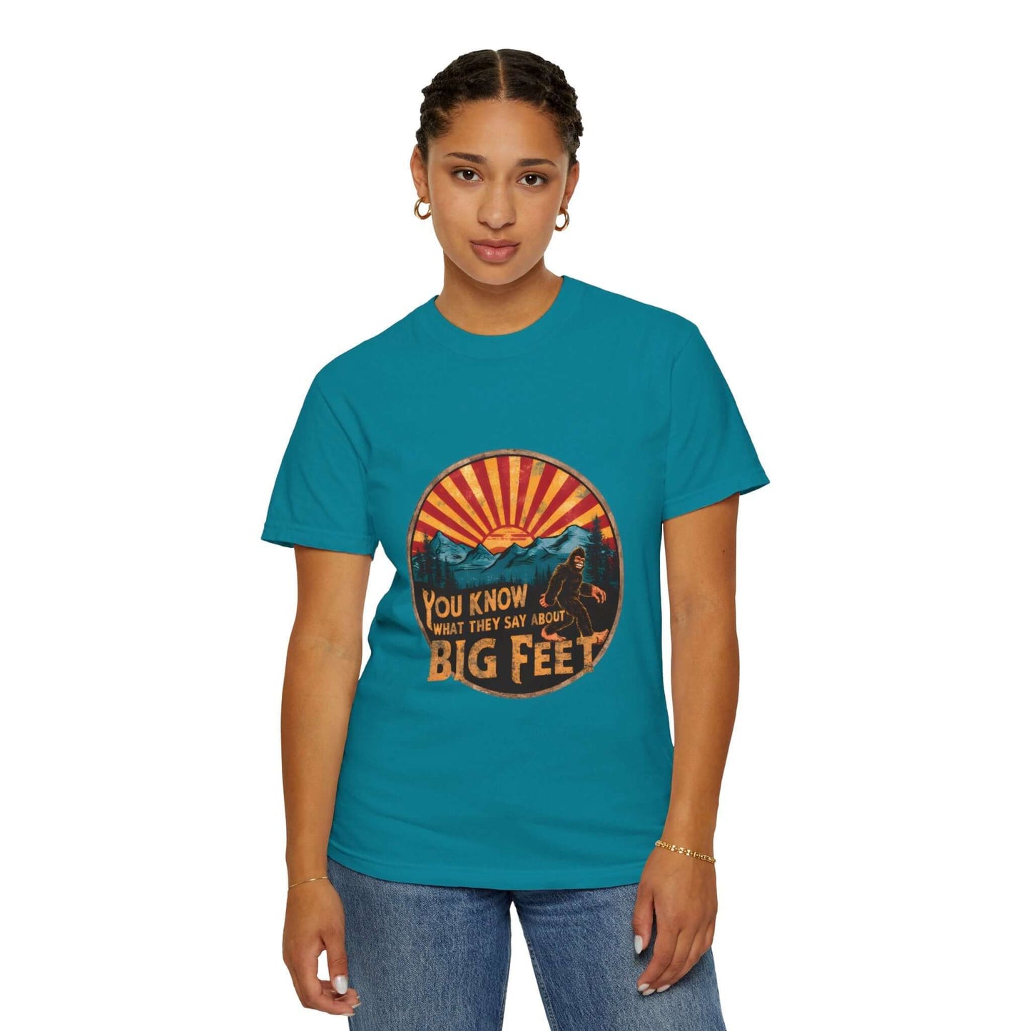 Versatile Bigfoot design women’s tee, ideal for camping, hiking, and casual style.