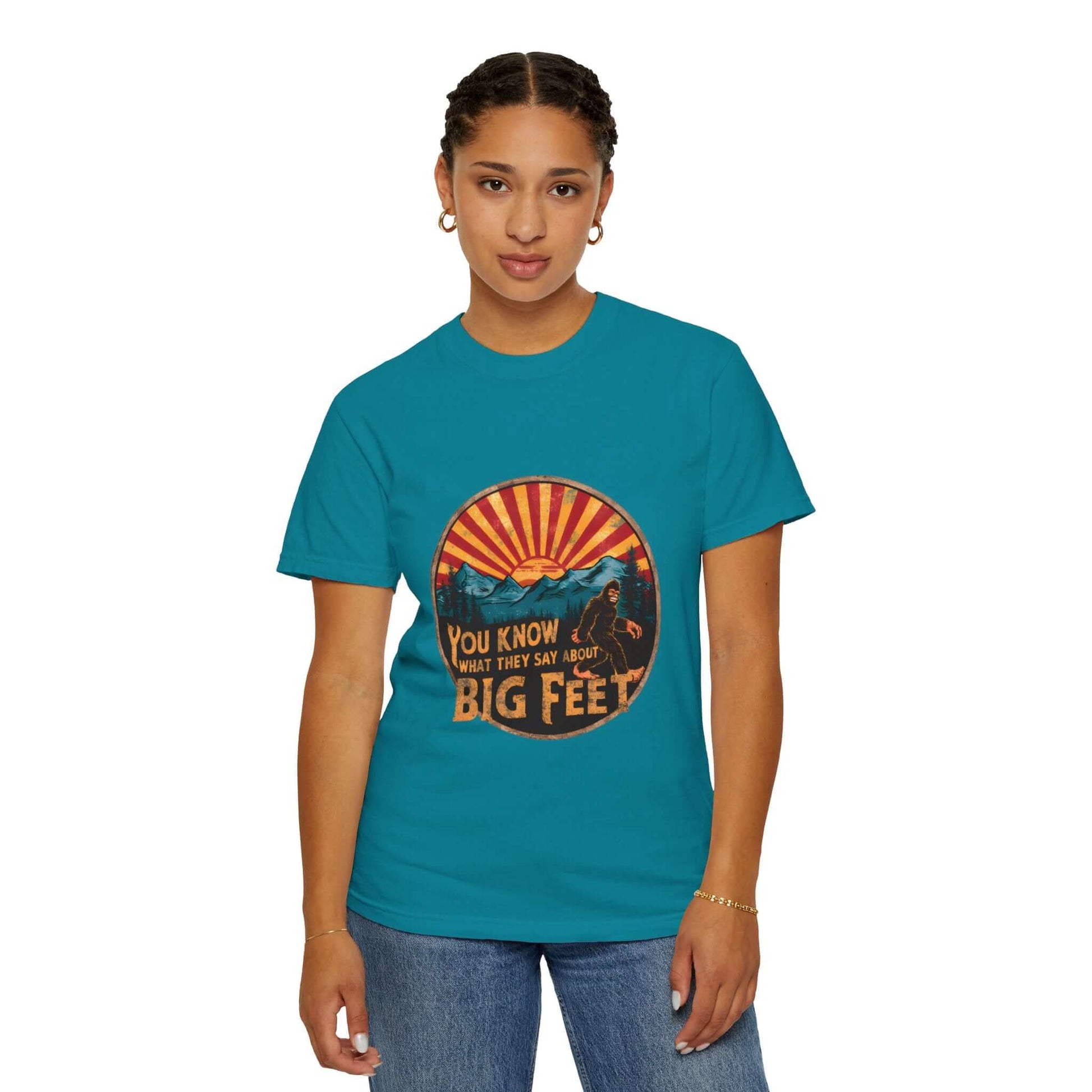 Versatile Bigfoot design women’s tee, ideal for camping, hiking, and casual style.
