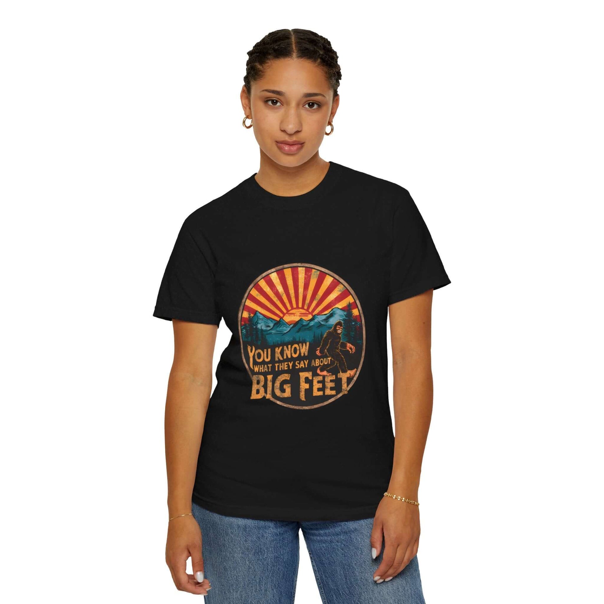 Iconic Sasquatch graphic t-shirt for women, USA-crafted, outdoor-ready.