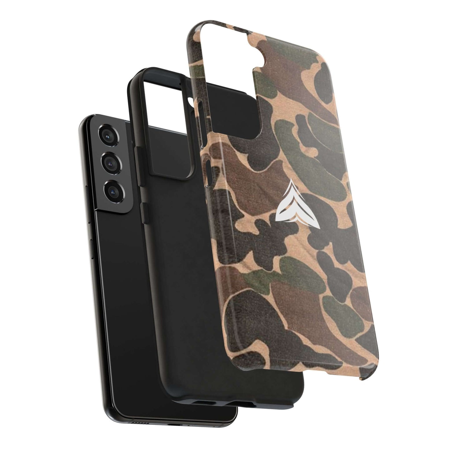 Camouflage phone case with a vintage military look, perfect for outdoor and everyday adventures, made in the USA