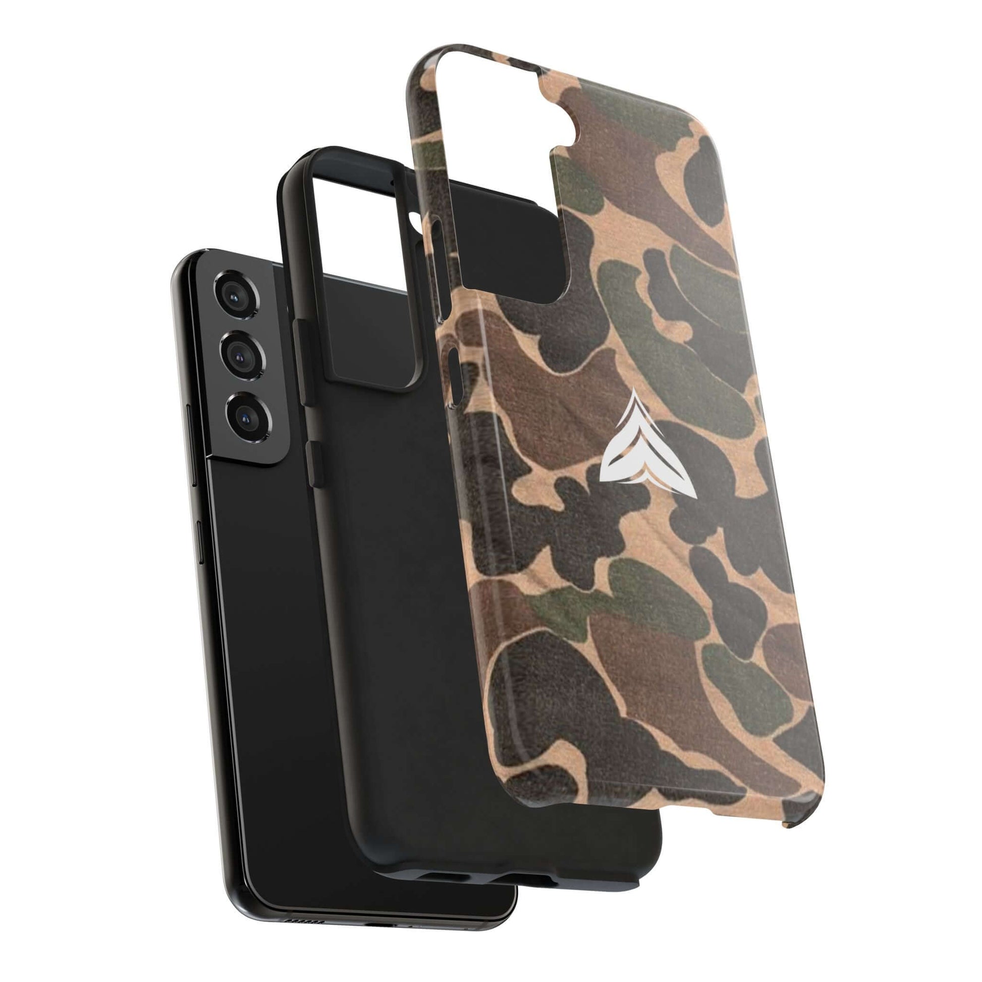 Camouflage phone case with a vintage military look, perfect for outdoor and everyday adventures, made in the USA