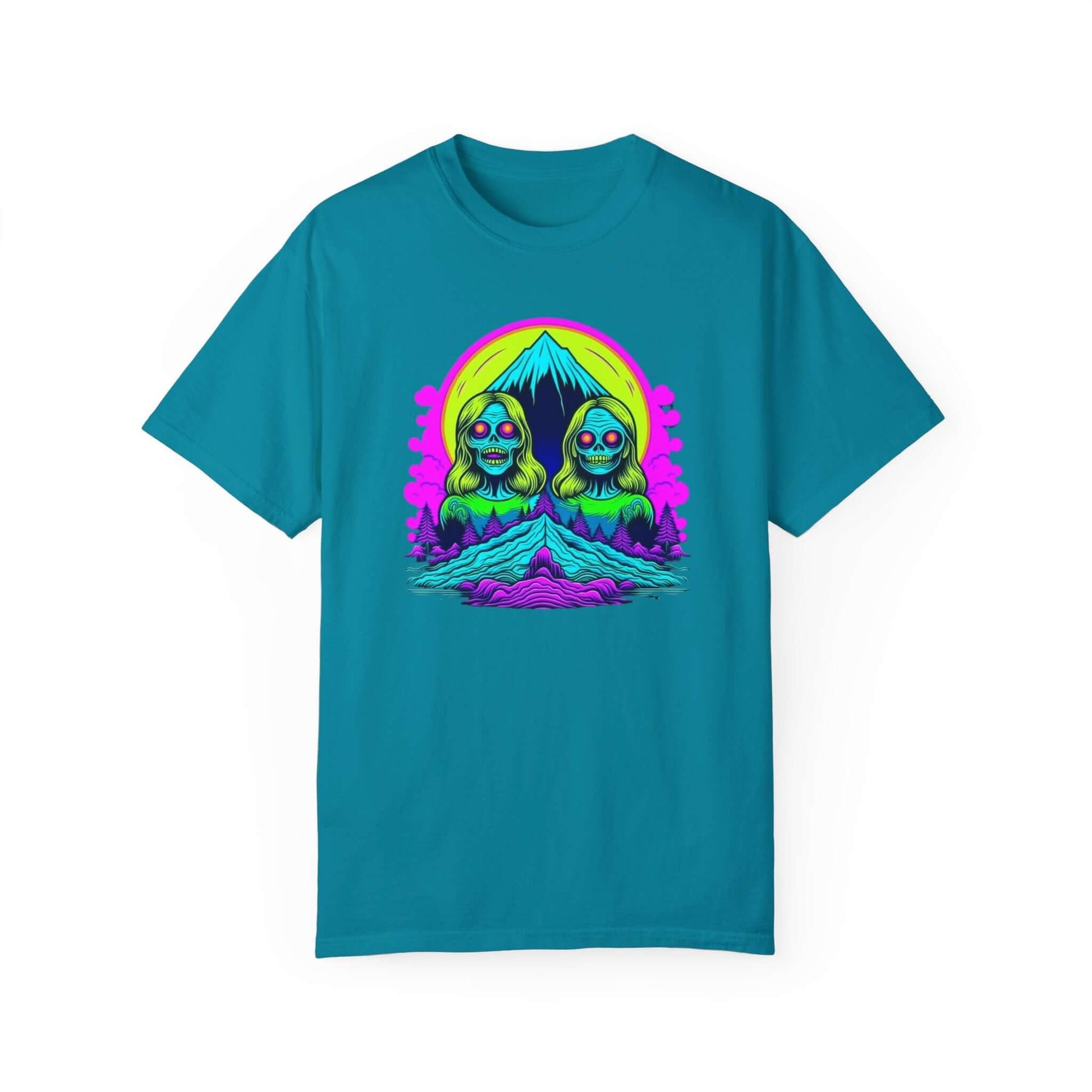 Designed for urban adventurers, this women’s zombie graphic tee blends comfort and fearless style in trippy turquoise. 