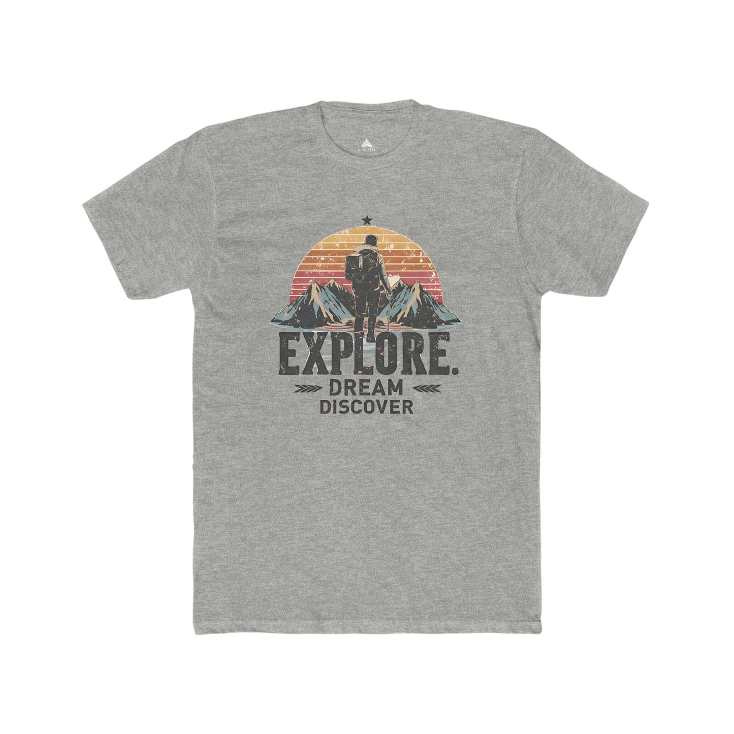 Ringspun cotton t-shirt in heather grey for men with a bold 'Explore, Dream, Discover' hiking design.
