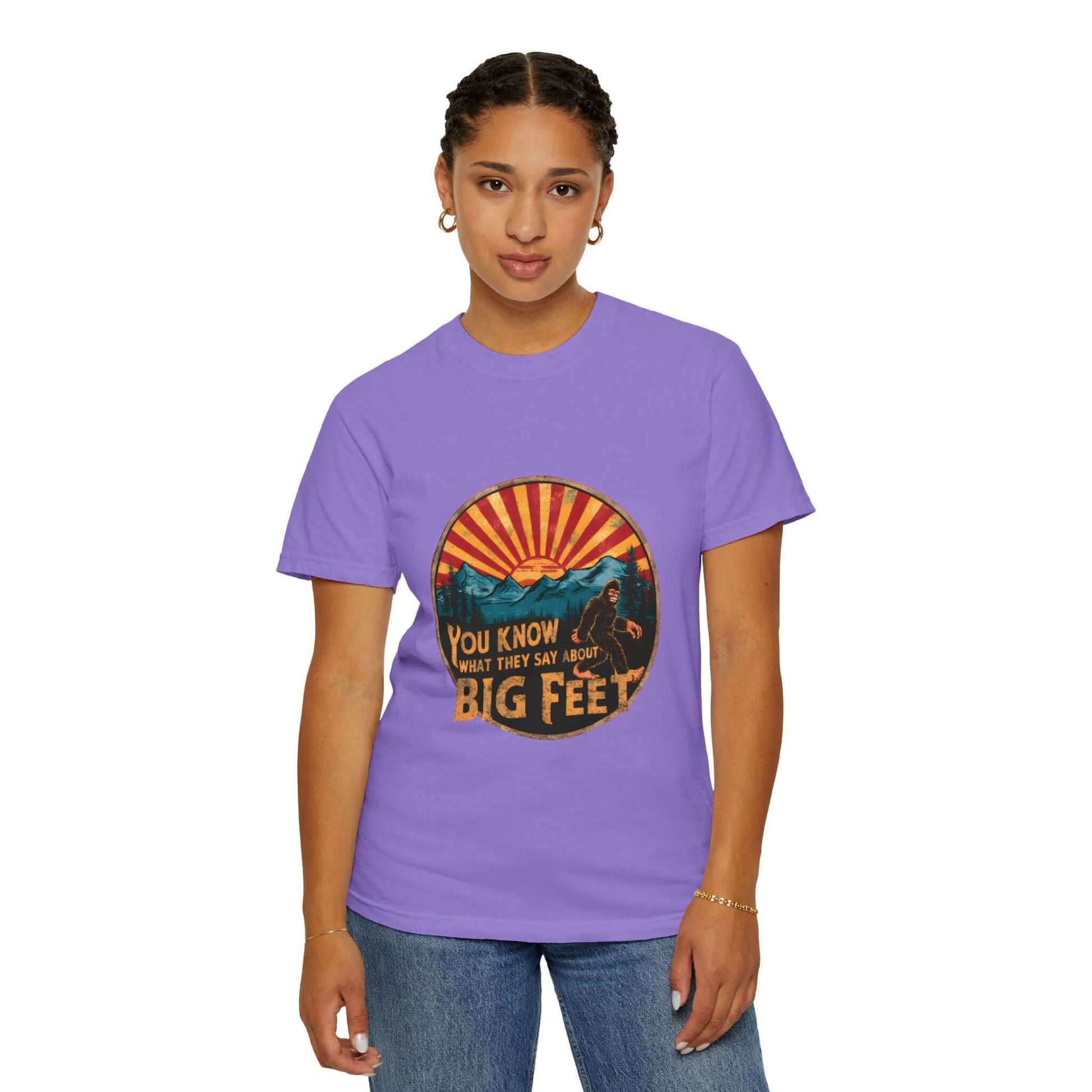 Bigfoot-inspired women’s t-shirt, crafted for comfort, ideal for USA adventures.