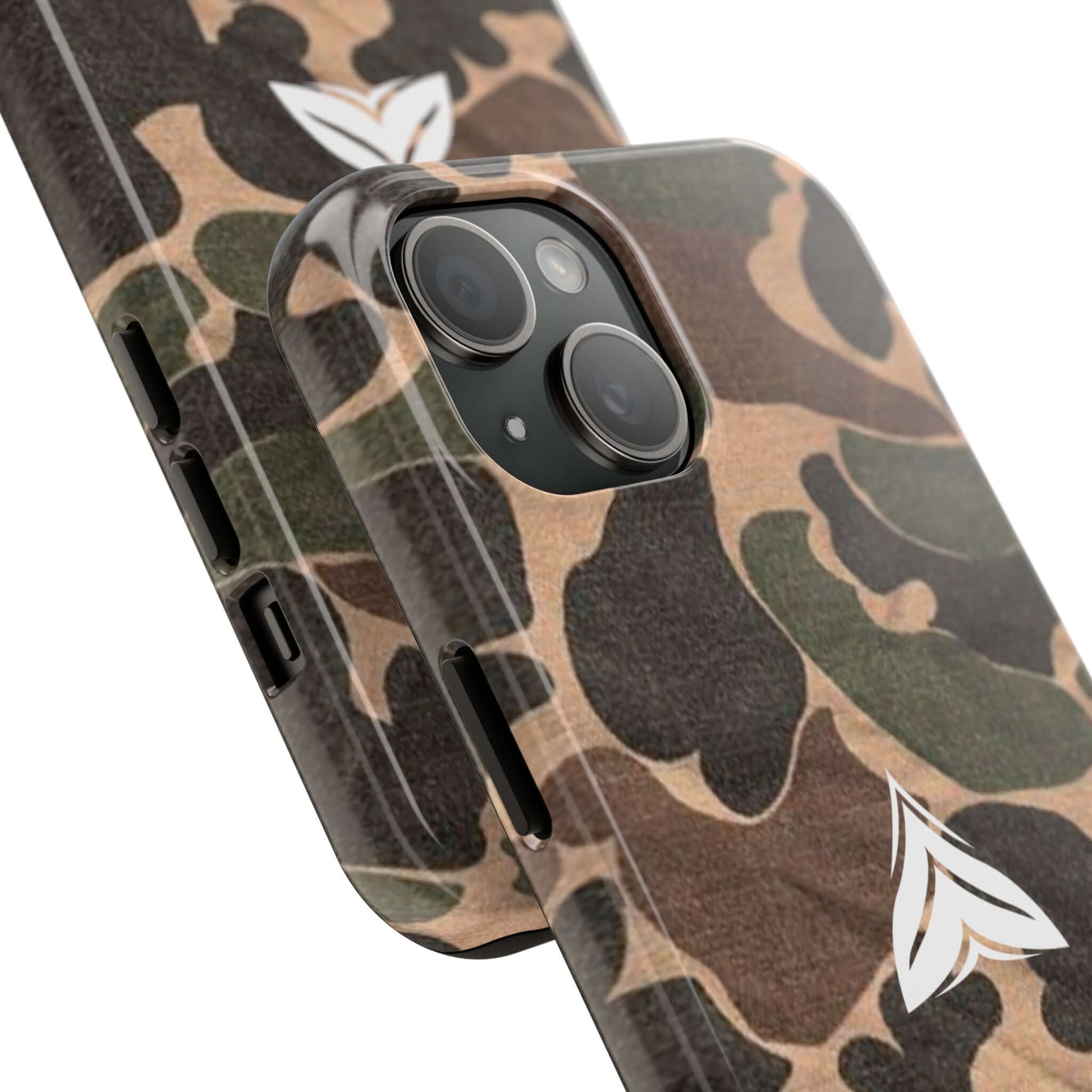 American-made camo phone case, durable enough for hiking, WW2-inspired for everyday adventure