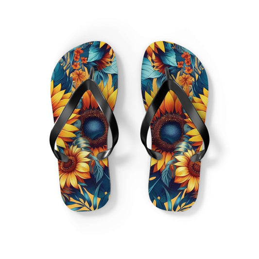 Bright and cheerful sunflower flip flops, perfect for sunny days and outdoor fun.