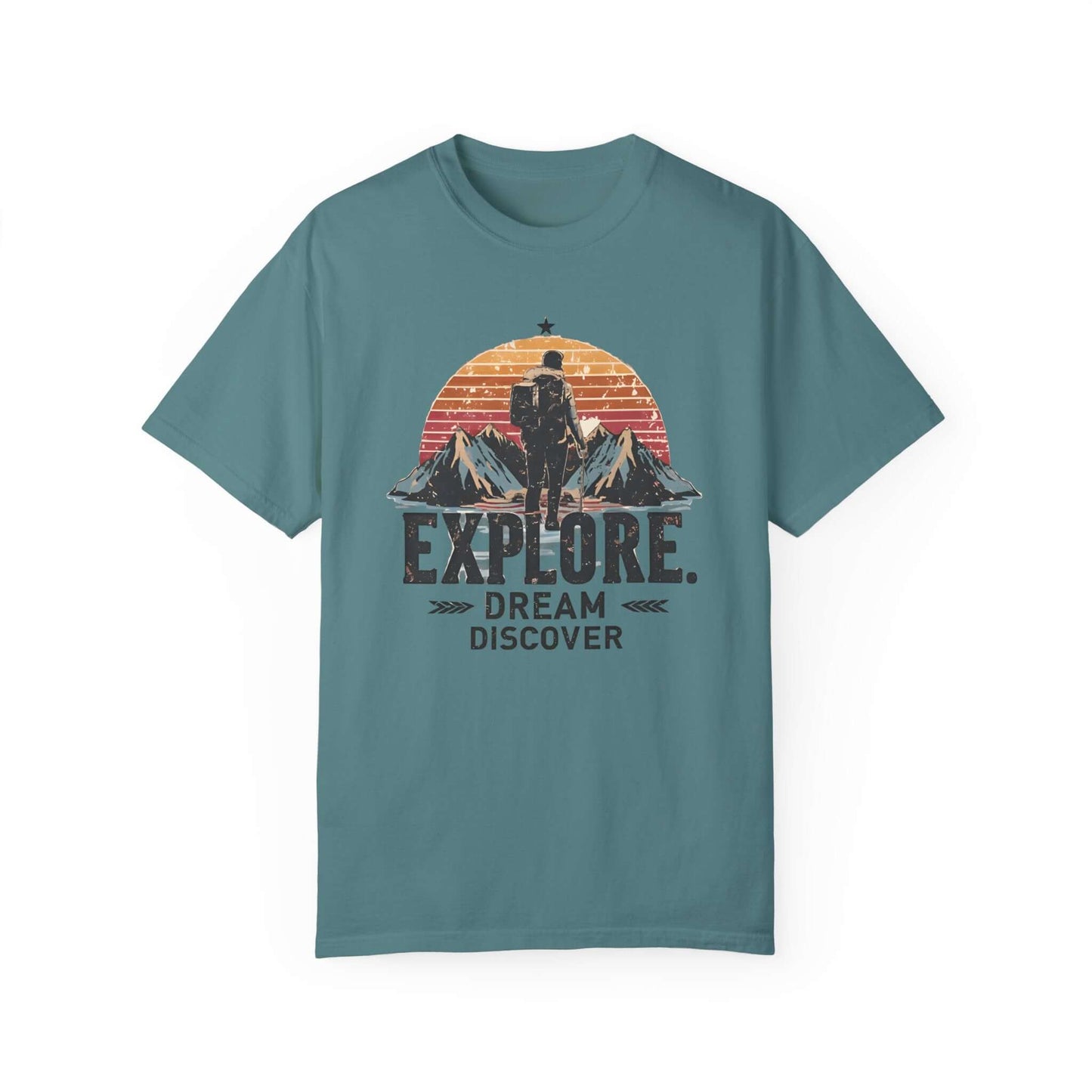 Premium cotton women’s t-shirt designed for hikers, dreamers, and adventurers alike in blue.