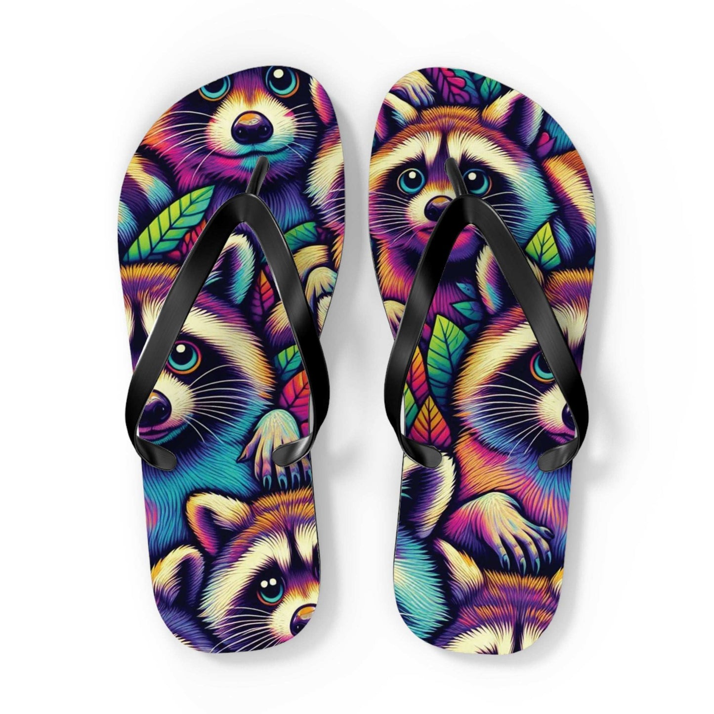Trippy Raccoon Colorful Flip Flops