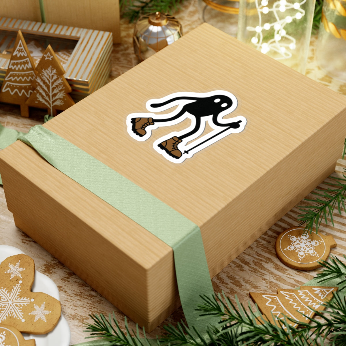 Fresno Nightcrawler cryptid vinyl sticker 4x4 inch on box, waterproof hiking decal.
