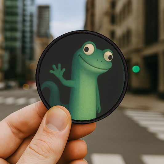 Funny lizard meme patch held by hand with city background, 3 inch iron-on reptile badge.