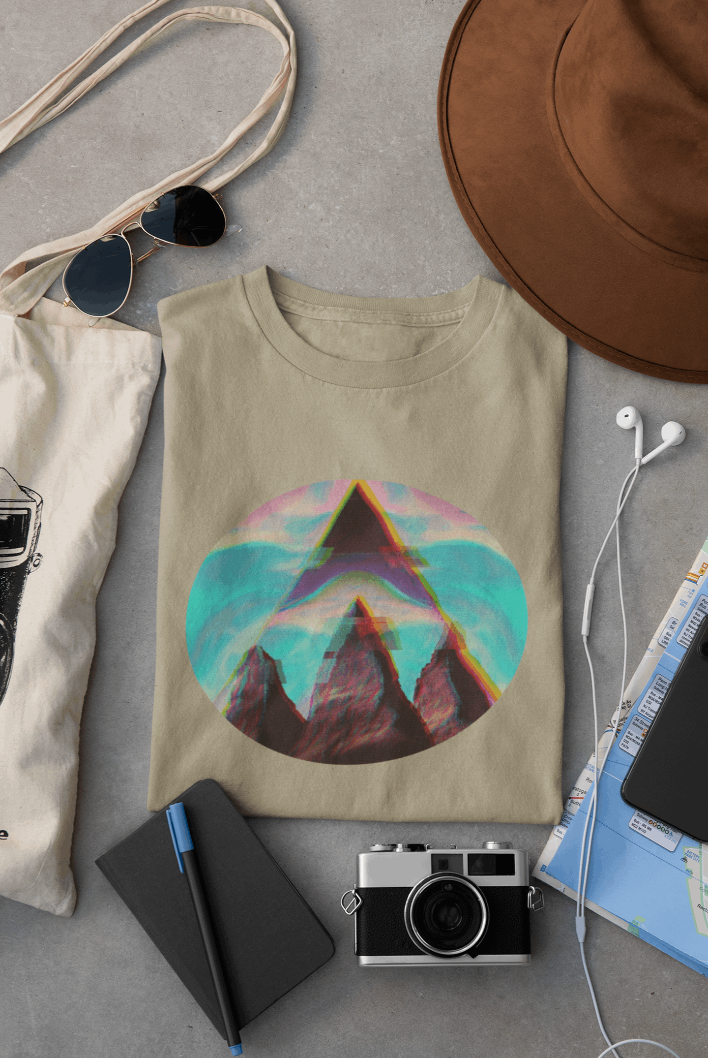 Wyld Peak Fusion men’s organic cotton t-shirt in desert tan laid flat on a desk
