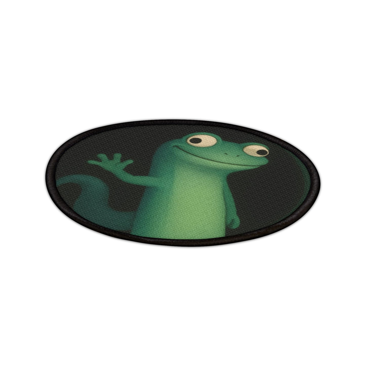 Angled view of funny lizard meme iron-on patch, 3 inch polyester reptile badge for jackets, hats, and backpacks.