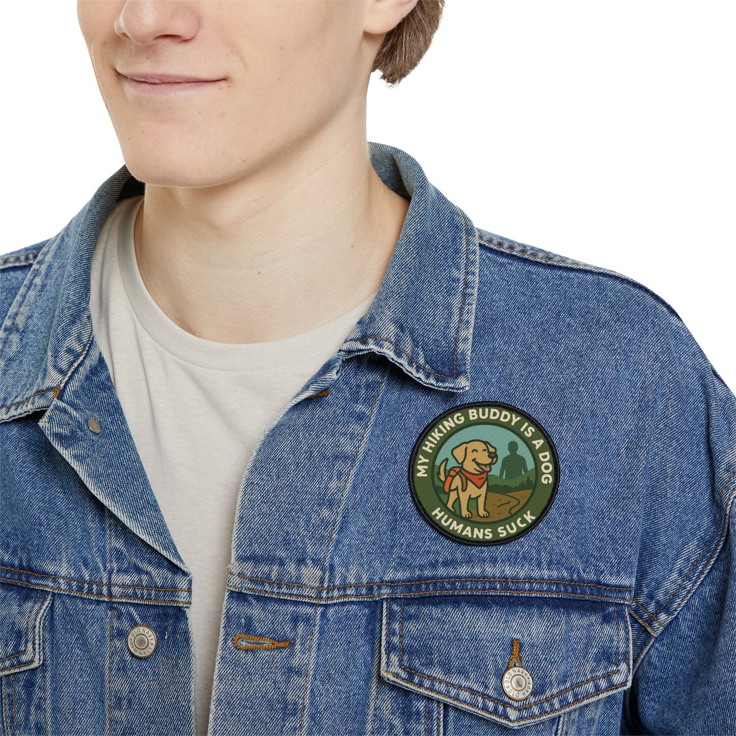 My Hiking Buddy Is a Dog patch attached to a man’s jacket - outdoor dog patch