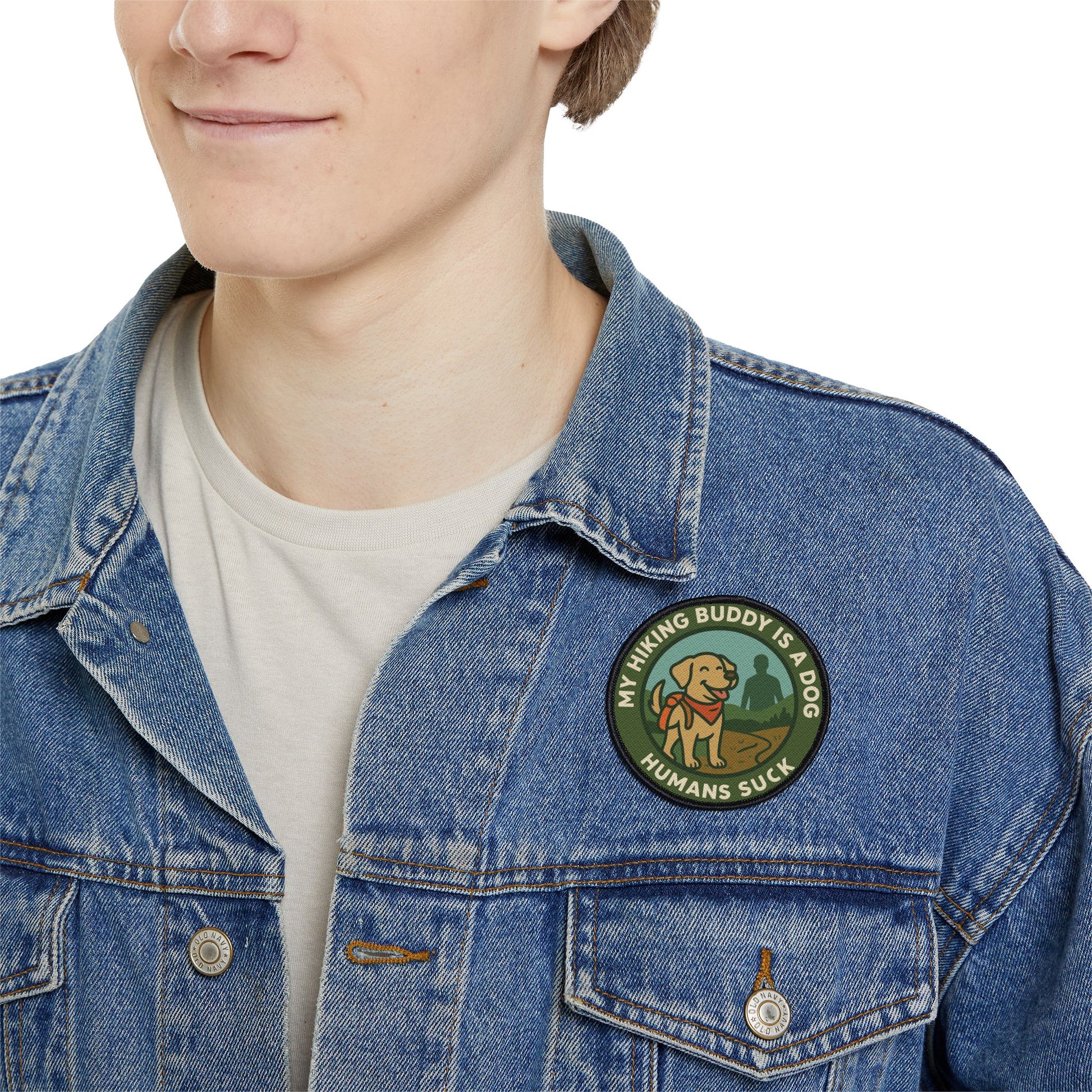 My Hiking Buddy Is a Dog patch attached to a man’s jacket - outdoor dog patch