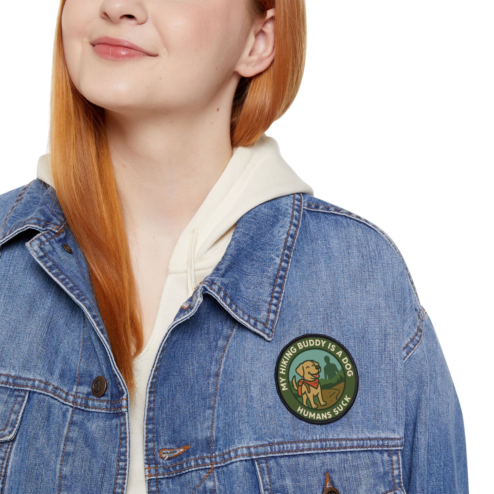 My Hiking Buddy Is a Dog patch on woman’s jacket - fun dog hiking badge