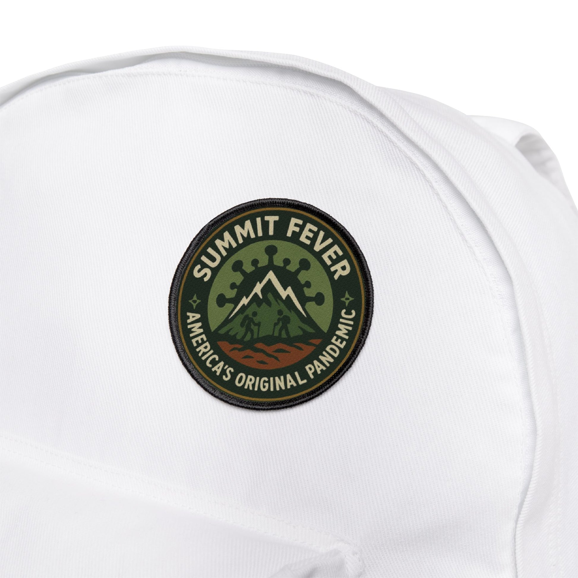Summit Fever hiking patch on white backpack - gear badge for trail lovers