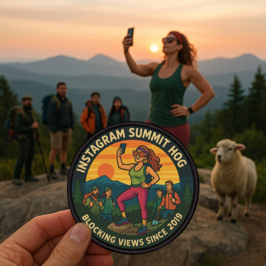 Wyld Peak Summit Hog patch with an influencer taking a selfie on an American mountain peak