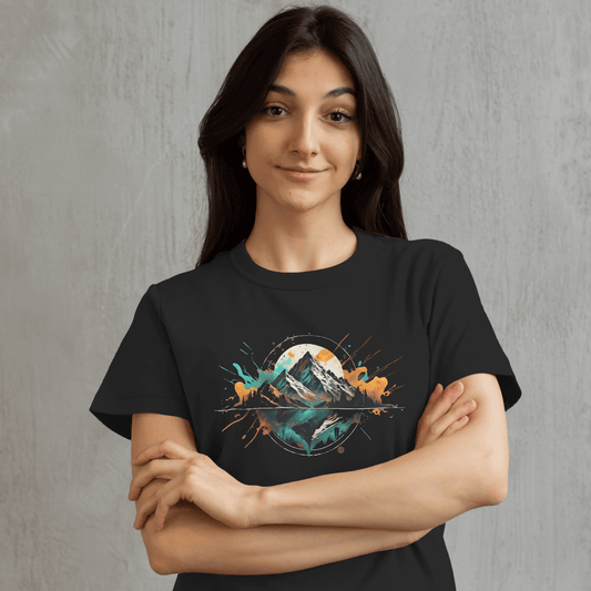 Stylish and durable women’s ringspun cotton tee in black featuring a bold mountain design.