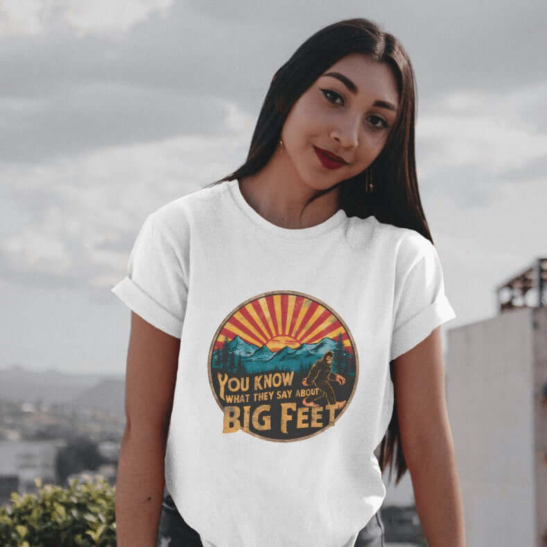 High-quality Bigfoot Sasquatch t-shirt for women, perfect USA-made casual wear.