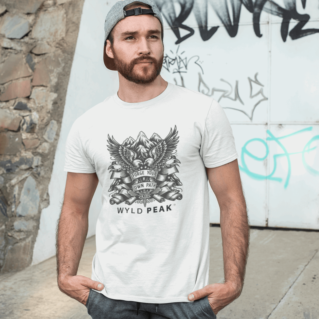 Man wearing Wyld Peak American Design tee in white during lifestyle shoot.