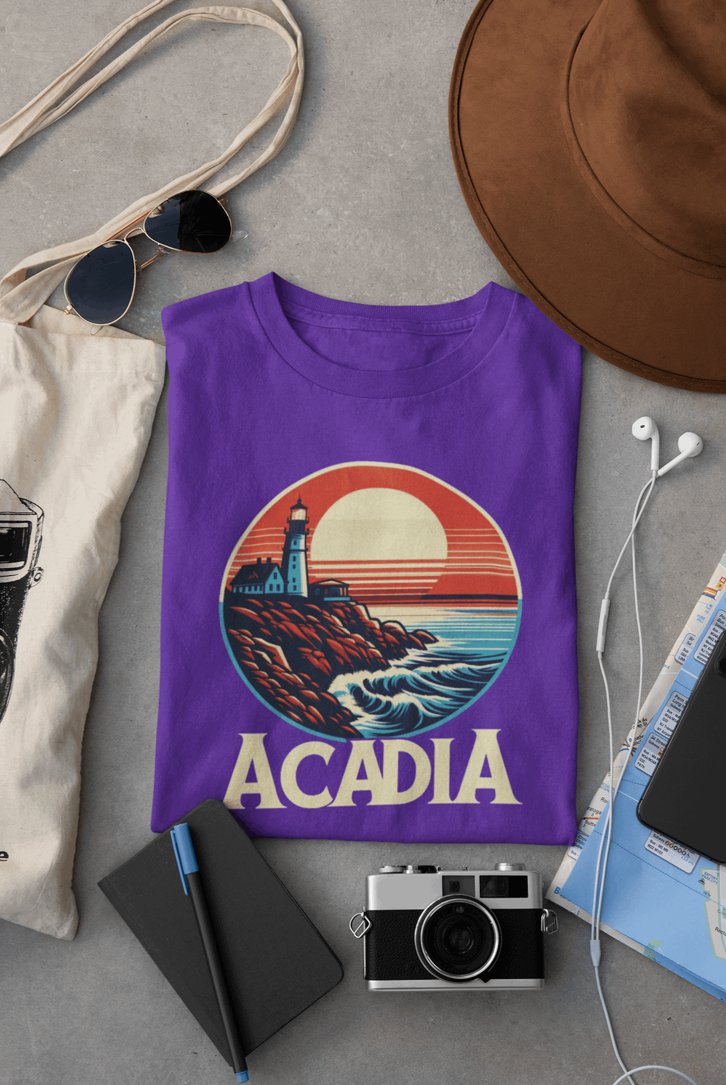 Wyld Peak Bass Harbor Lighthouse Acadia National Park organic cotton tee in purple laid flat on desk.
