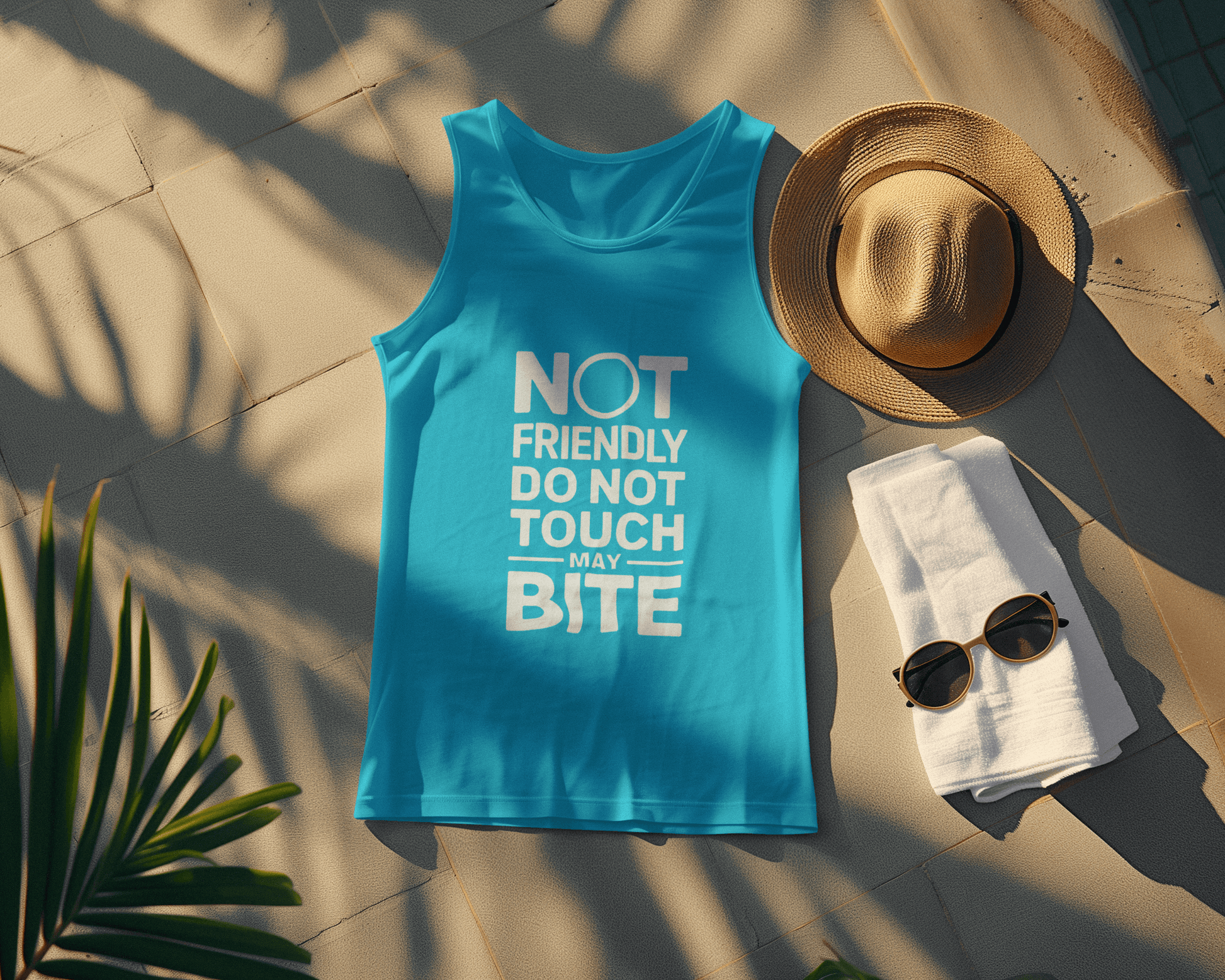 Flat lay of Wyld Peak “Do Not Touch / Not Friendly” organic tank tee in aqua blue at the pool