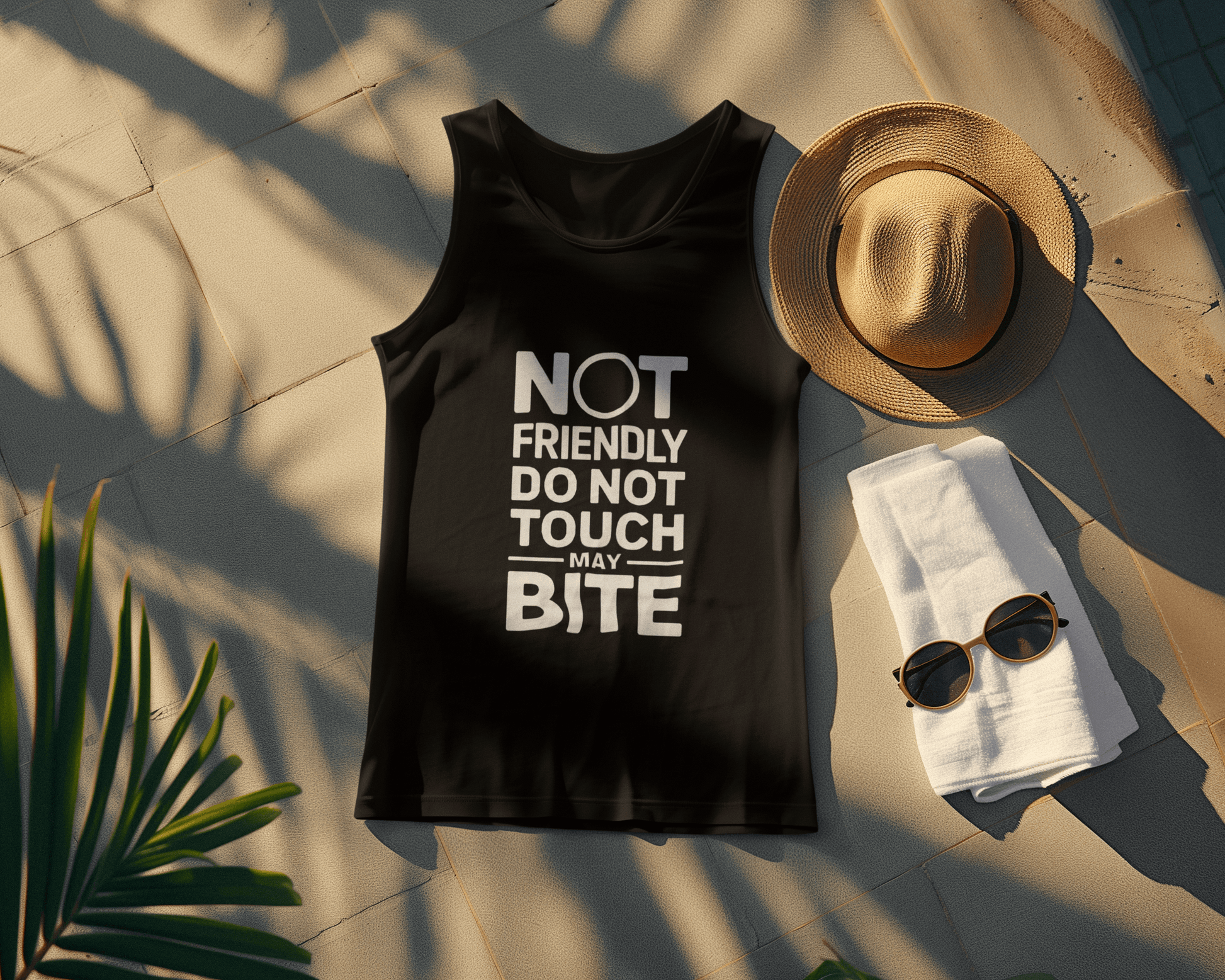 Flat lay of Wyld Peak “Do Not Touch / Not Friendly” organic tank tee in black by the pool