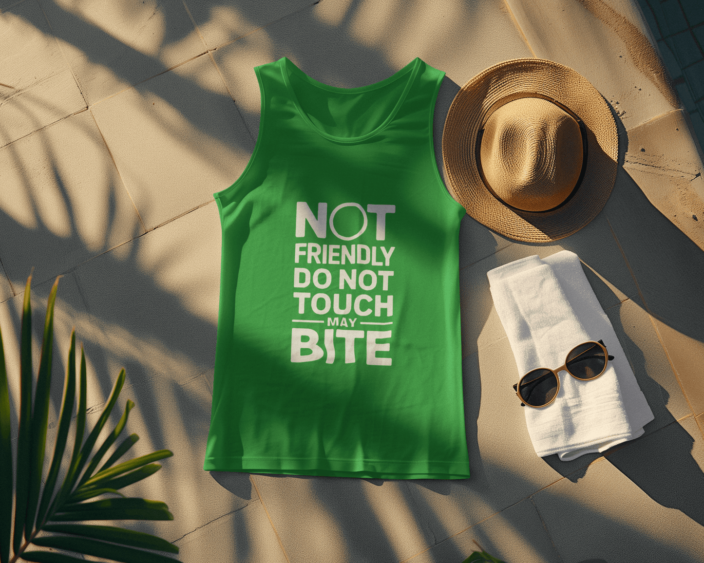 Flat lay of Wyld Peak “Do Not Touch / Not Friendly” organic tank tee in bright green poolside