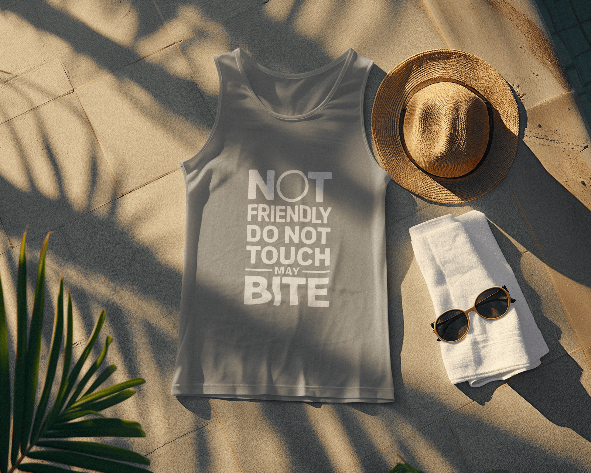 Flat lay of Wyld Peak “Do Not Touch / Not Friendly” organic tank tee in grey by the pool