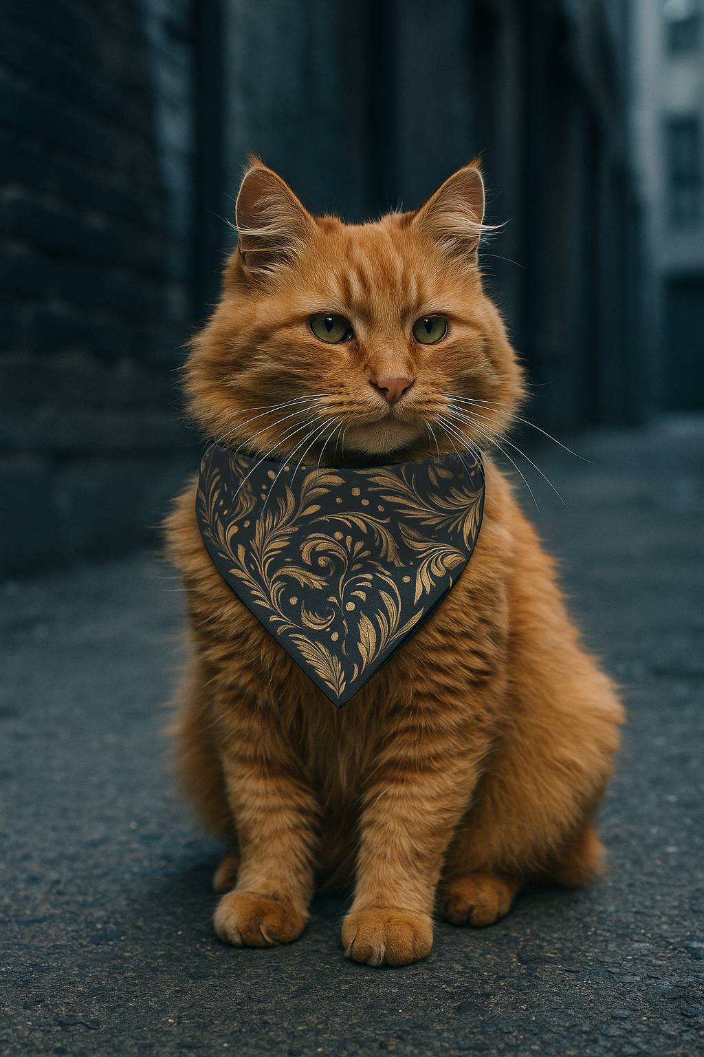 Charlie the ginger cat wearing a Wyld Peak floral print pet bandana for stylish eco-friendly pets