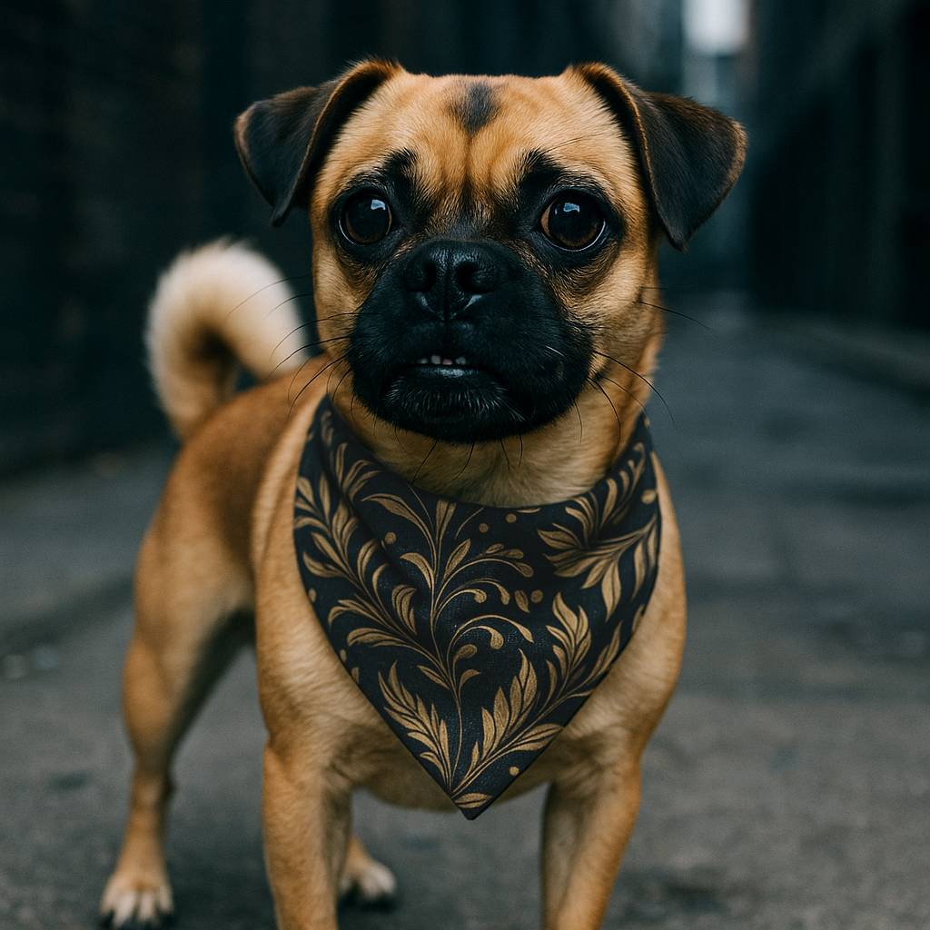 Kelly the pug wearing a Wyld Peak floral pet bandana in Vietnam with a scenic backdrop