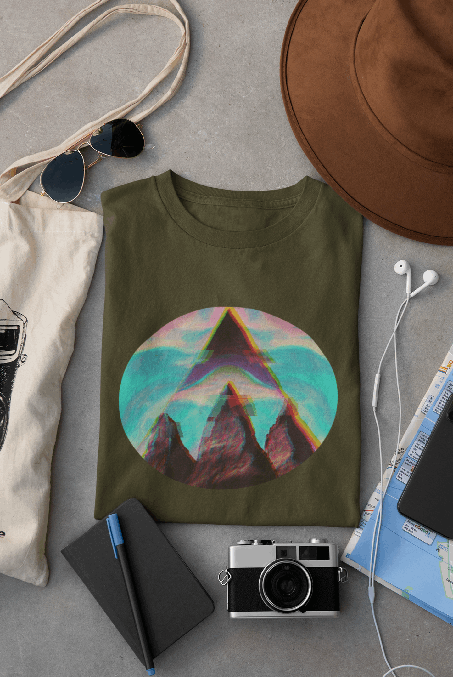 Wyld Peak Fusion Peak Men's Organic Cotton Tee in army green laid flat