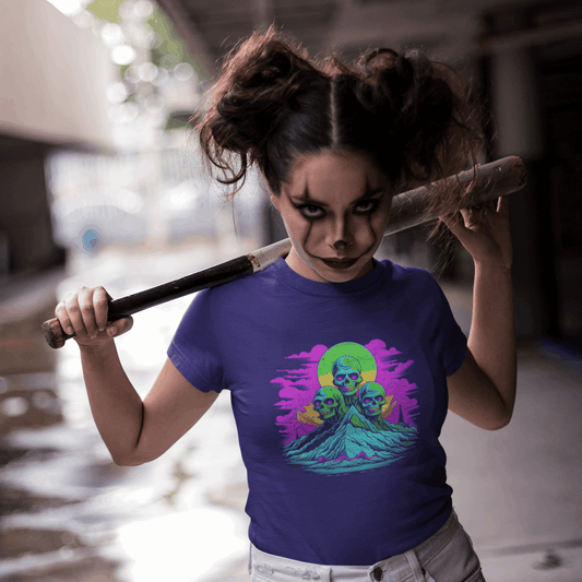 Close-up of woman wearing purple Wyld Peak Zombie Skull skater women's T-shirt for Day of the Dead celebrations.